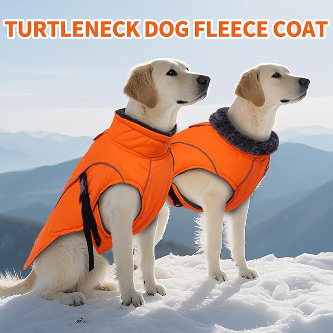 DENTRUN Winter Warm Dog Coat Reflective Jacket with Turtleneck for Cold Weather, Adjustable Buckle Windproof Water Repellent, Thick Snowsuit Fleece Vest for Small, Medium, Large Dogs, Orange, M
