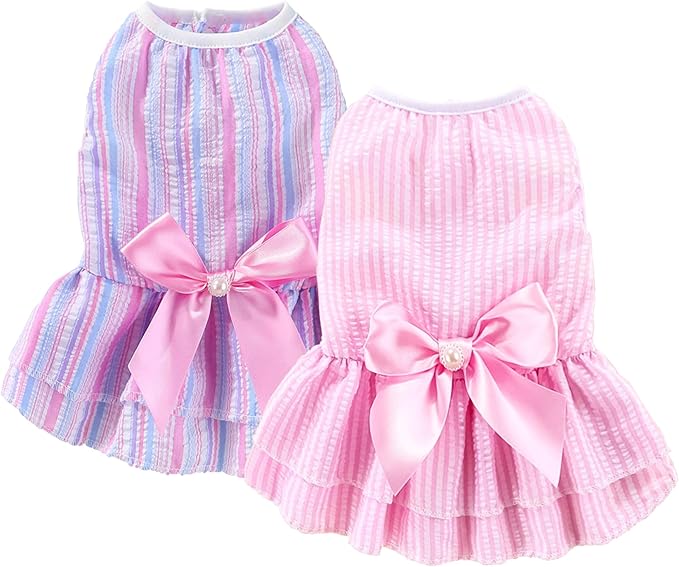 Dog Dress, Cute Pet Princess Dresses with Bright Color Design, Sweet Bowknot, Dog Clothes for Small Dogs Girl, Breathable & Lightweight, for Spring Summer, 2 Pack (Pink Purple, X-Small)