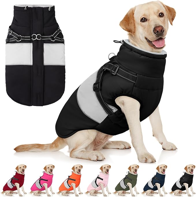 AOFITEE Dog Coat Warm Dog Winter Coat, Waterproof Dogs Jacket with Harness, Dogs Snow Jacket Snowsuit with Zipper & Furry Collar, Reflective Windproof Pet Sweater for Cold Weather, French Bulldog, L
