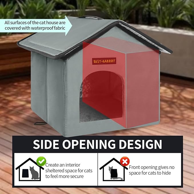Rest-Eazzzy Cat House for Outdoor Cats, Weatherproof and Insulated Feral Cat House with Mat and Clip, Easy to Put Together, Selfwarming Cat Shelter for Winter, Never Blow Away (Grey, House X 2)