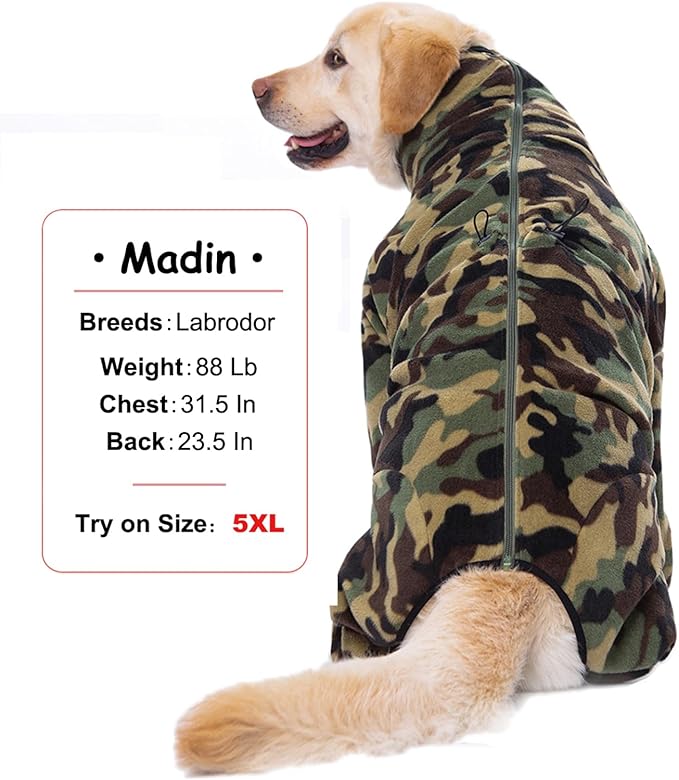 Dog Winter Coat for Large Medium Small Dogs, Warm Fleece High Collar Full Body Dog Jumpsuit Comfortable Onesie Apparel (Camouflag, 2X-Large)