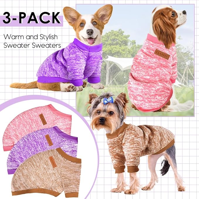 3 Pack Dog Sweaters for Small Dogs Girl Boy Winter Fleece Clothes Warm Soft Dog Sweatshirt Outfit for Dogs Cats Pet Apparel (Wine Red+Khaki, X-Small)