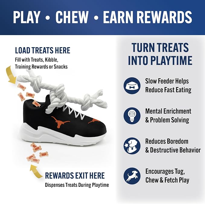 NCAA Texas Longhorns Cleat Sneaker Spike Dog Toy, Treat Dispenser Chew Toy for Dogs, Interactive Rope Tug Toy, Slow Feeder Natural Rubber Dog Toy with Official Team Logo for Puppies & Adult Dogs