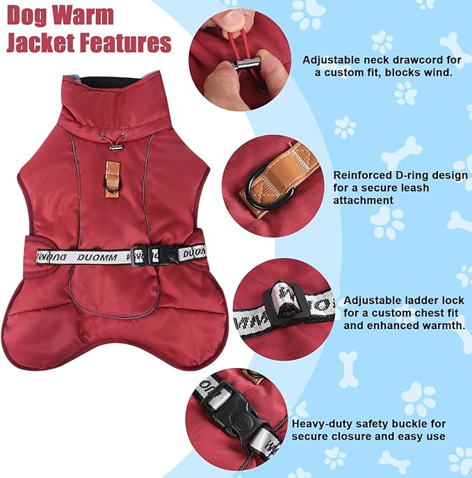 DoggieKit Dog Winter Coat, Waterproof Warm Jacket with Harness Built in, Reflective Cold Weather Doggie Vest, Windproof Turtleneck Pet Snowsuit, Adjustable Puffer Jacket for Large Dogs, Red 5XL