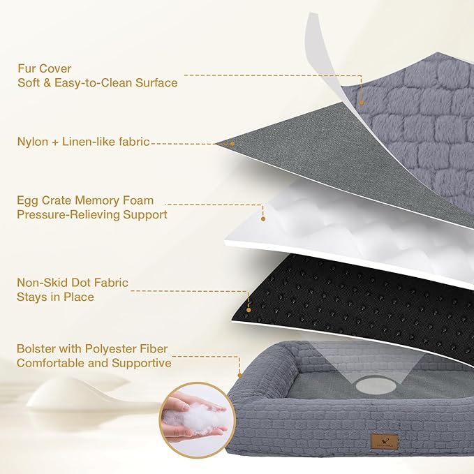 Plush Orthopedic Dog Bed for Medium Large Dogs, Memory Foam Bolster Sofa Bed with Removable Washable Cover, Waterproof Lining & Non-Slip Bottom (Grey-M)