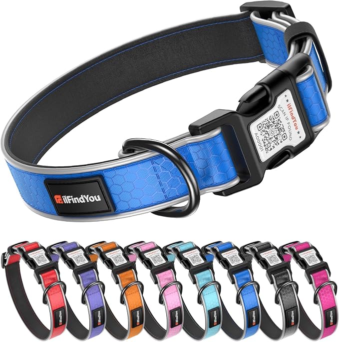 Personalized Dog Collar with QR Code Dog Tag, Oxford Blue M | Anti-lost, Oxford, reflective, padded, XS-L(8"-24"), QR buckle shares lost pet profile, location alerts when scanned, No Fees