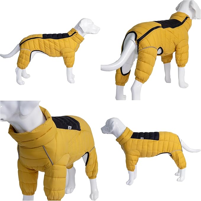 Lovelonglong Dog Coat Dog Warm Jacket, 4 Legs Covered Waterproof Windproof Reflective Warm Dog Vest, Zippered Adjustable Outdoor Dog Snow Jacket for Small Medium Large Dogs Yellow XXXL