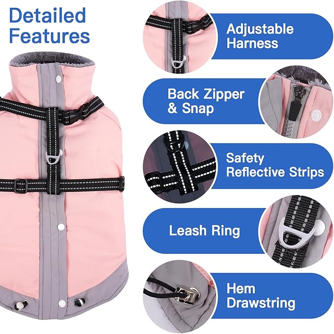 Dog Winter Coat with Adjustable Reflective Harness Built in -M | Turtleneck Water-Repellent Coats with Sleeves for Small Dogs Boy,Cold Weather Coats,Warm Jacket for Schnauzer (Light Pink)