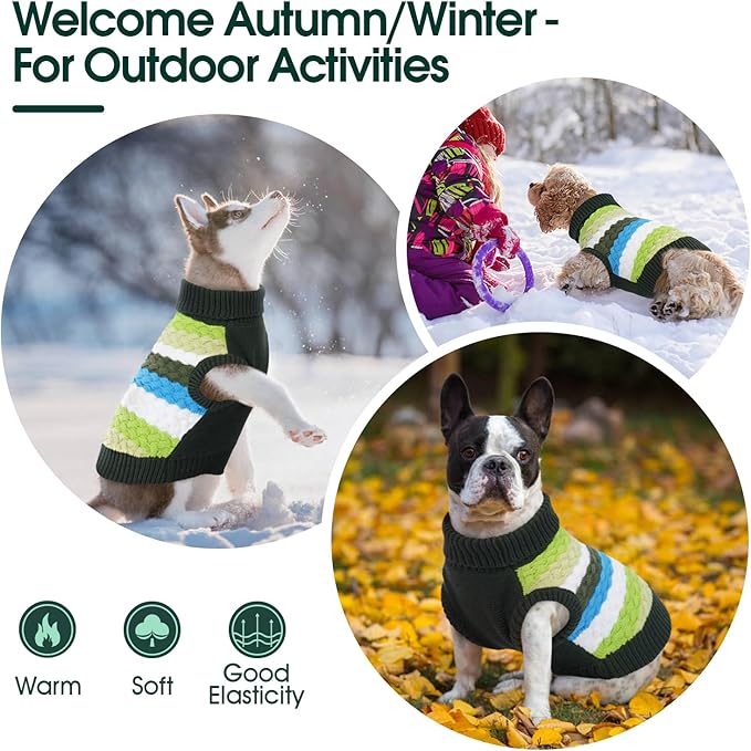 Kuoser Dog Sweater, Christmas Dog Sweaters for Extra Small Dogs Soft Warm Doggie Sweater Colorful Cable Knitted Vest, Pet Thermal Turtleneck Fall Winter Kniwear for Xmas Thanksgiving, Green XS