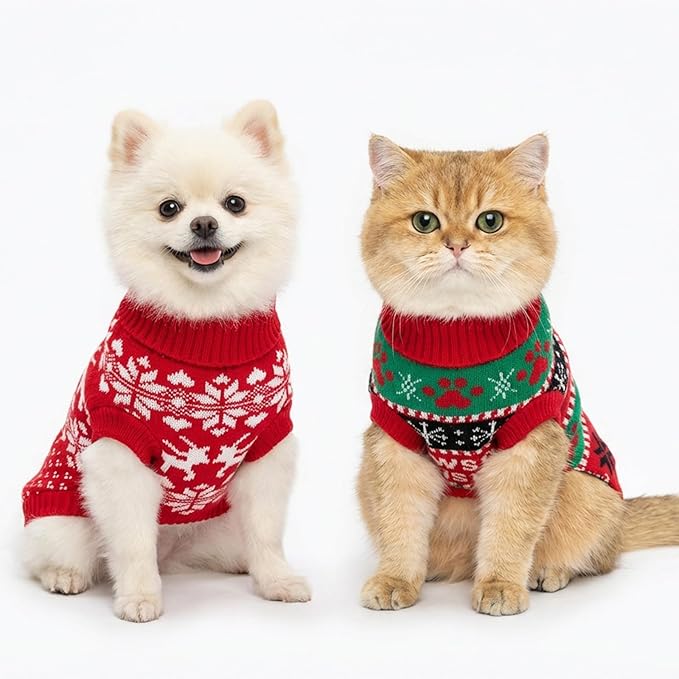 2 Pack Dog Cat Sweaters Size M - Warm Knit Pet Sweater Bundle for Small Dogs Cats 5-7kg, Soft Turtleneck Winter Pet Clothes with Colorful Patterns, Pullover Apparel for Puppies Kittens Small Pets