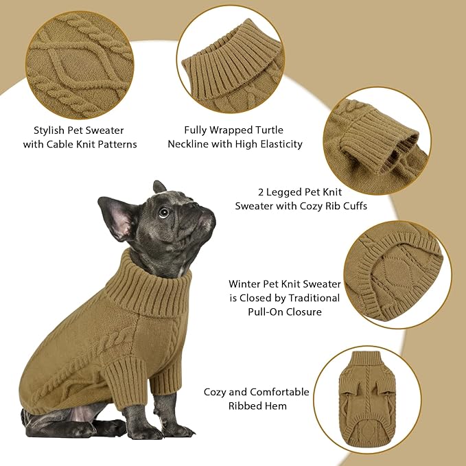 Queenmore Small Dog Pullover Sweater, Cold Weather Cable Knitwear, Classic Turtleneck Thick Warm Clothes for Chihuahua, Bulldog, Dachshund, Pug (Light Brown, Large)
