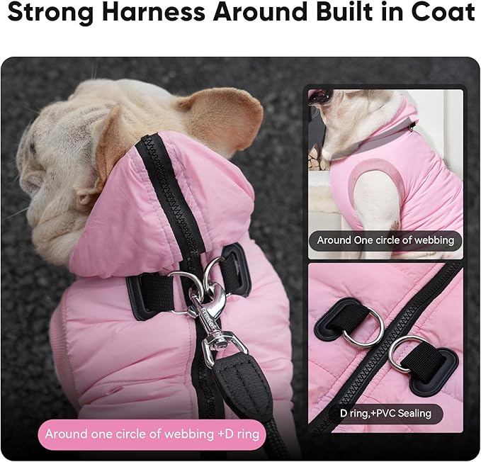 Fleece Lining Dog Hoodie with Harness Built in,Extra Warm Small Dog Jacket in Winter Puppy Coats with Hooded,Light Pink M
