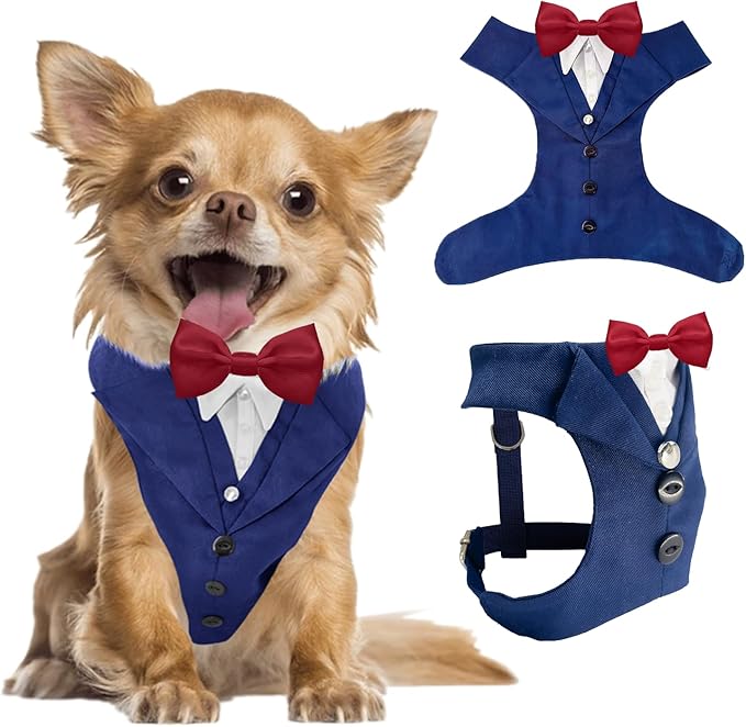 AVERYDAY XS Pet Tuxedo Harness, Wedding Costume Outfit for Small Dogs, Slim Cats and Tiny Pets with 8.3" Neck, 13-14.6" Chest, 8.5" Max Head Girth, Formal Suit Costume for Mini Breeds