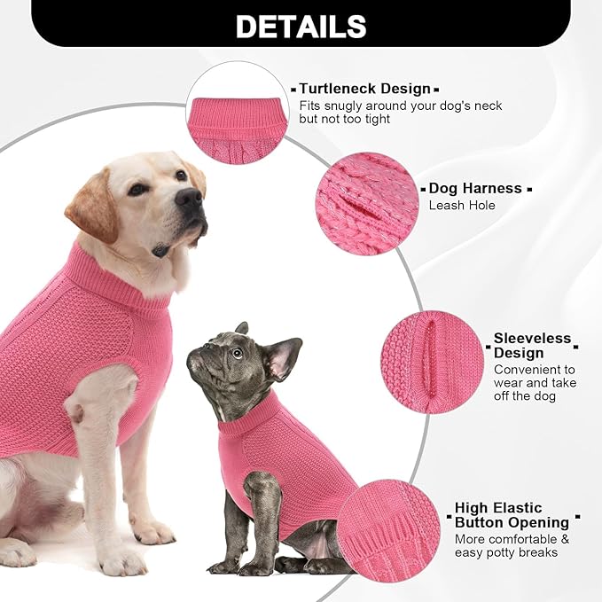 XXL Dog Sweater, Classic Cable Knit Warm Dog Sweatshirt with Reflective Yarn for Girl Boy, Halloween Fall Winter Coat Turtleneck Pullover Clothes Apparel for Small Medium Large Dogs (Pink XXL)