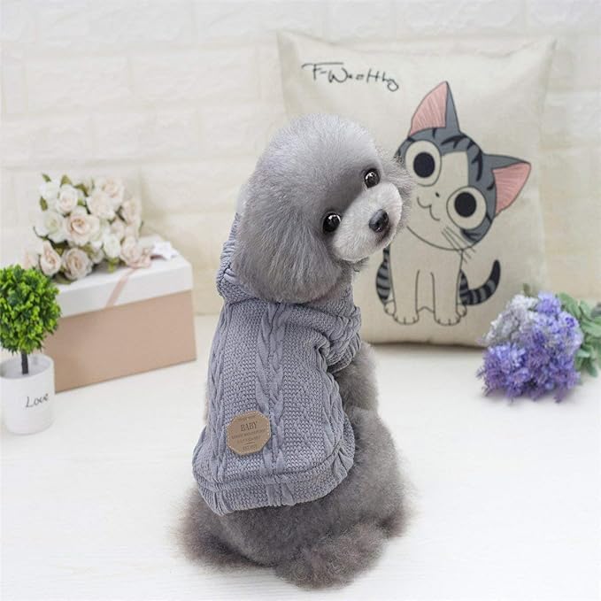 Rdc Pet Clothes Dog & Cat Woolen Sweater with Cap - Winter Warm Turtleneck Fleece Coat for Small & Medium Dogs (M, Classic-Grey)