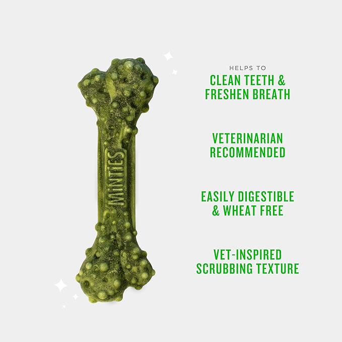 Minties Dental Chews for Dogs, 24 Count, Vet-Recommended Mint-Flavored Treats for Large Dogs Over 50 lbs, Dental Bones Clean Teeth, Fight Bad Breath, and Removes Plaque and Tartar