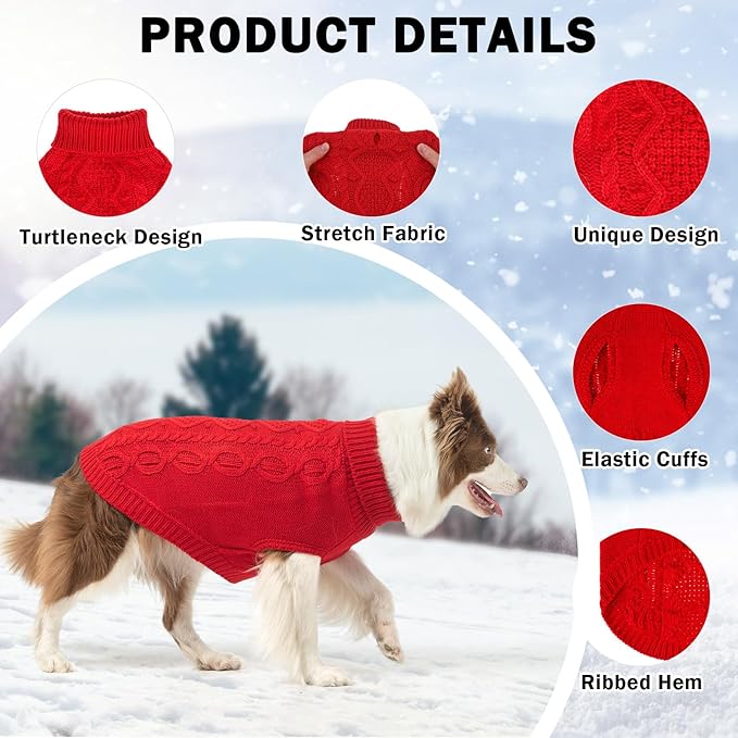 SCENEREAL Knitted Dog Sweater for Large Medium Small Dogs, Christmas Pet Clothes Warm Sweatershirts Outfits, Classic Dog Winter Coat with Leash Hole, Soft Pet Knitwear Apparel for Girls Boys, Red S