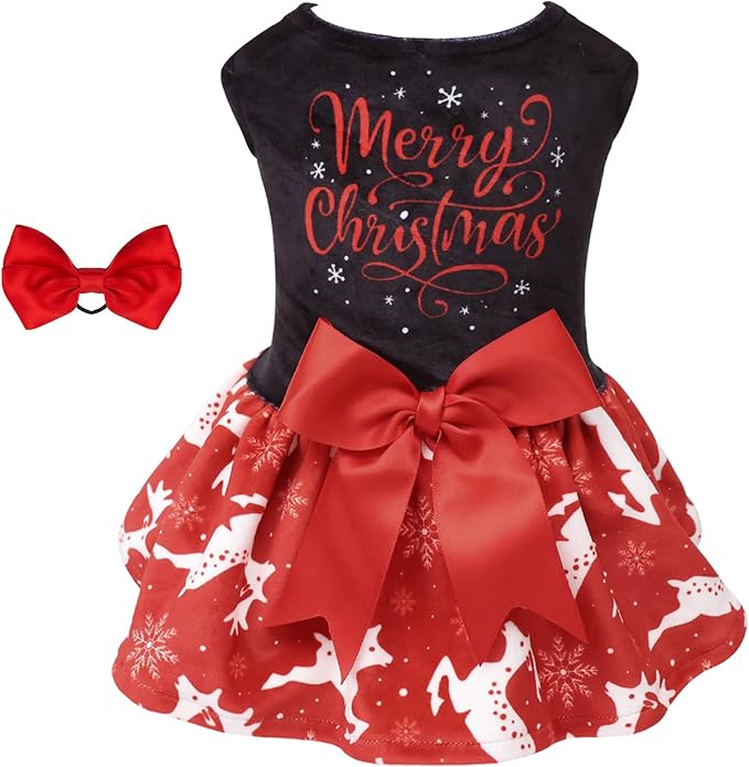 CuteBone Merry Christmas Dog Dress Velvet for Small Dogs Girl Reindeer Puppy Dresses Red Dog Clothes CVA04XS-D