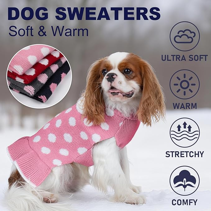 KYEESE Valentines Dog Sweater Dress, Warm Dog Sweaters for Small Dogs Girl Cats Dogs Clothes, Pullover Cozy Knit Pet Apparel with Leash Hole, Pink Dot, XS