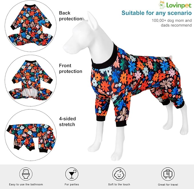 LovinPet Large Dog Clothes, Anti Licking Shirt, Wound Care Dog PJS, Stretchy Skin-Friendly Fabric, Wild Daisy Black Print, Pitbull Clothes, Pajamas for Pitbulls, Medium