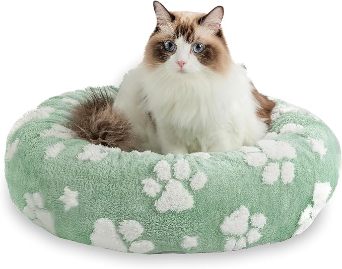 Yaning Donut Dog Beds for Small Dogs, Calming Round Cat Beds for Indoor Cats, Cute 3D Textured Paw Pet Bed with Removable Washable Cover and Anti-Slip Bottom（Green，20"）