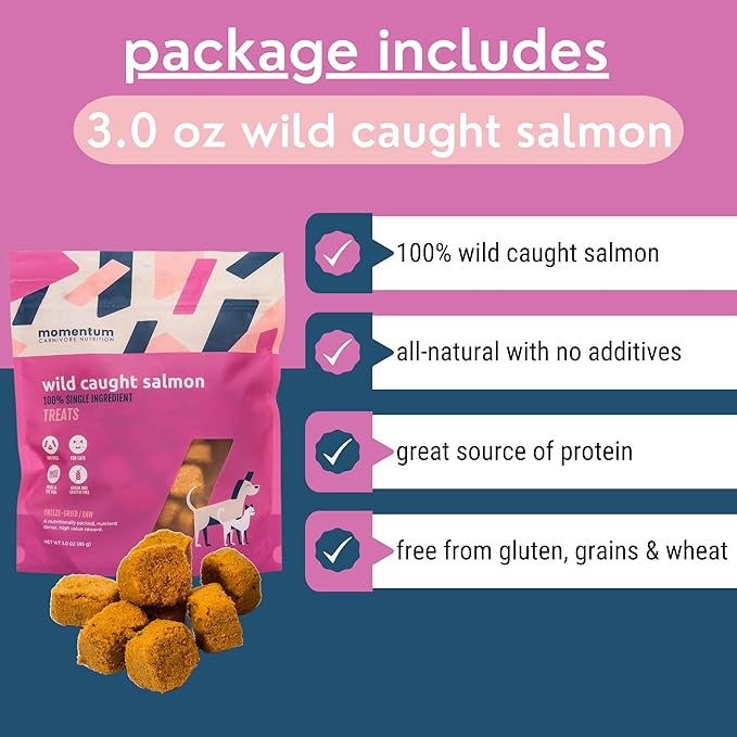 Momentum Carnivore Nutrition Freeze-Dried Wild-Caught Salmon Pet Food Topper – Single-Ingredient, All-Natural Topper – High-Protein for Dogs and Cats, Grain-Free and Made in The USA– (3.75 oz Bag)