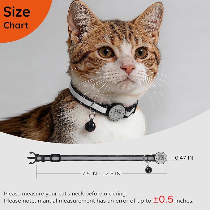 Breakaway Cat Collar QR Code, Reflective Bell, Adjustable Kitten, Black