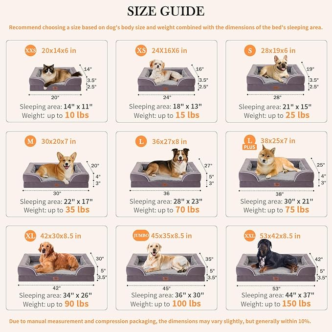 Comfort Expression Orthopedic Dog Bed for Extra Large Dogs 45x35 Inch, Waterproof Supportive Egg Crate Foam XL Pet Bed with Removable Bolsters, Dog Couch with Washable Cover & Non-Slip Bottom, Purple