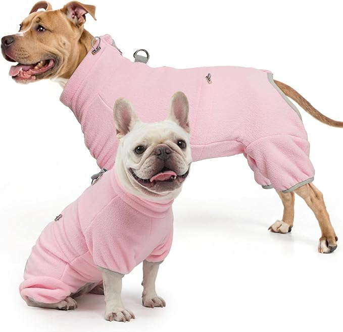 SCENEREAL Fleece Dog Winter Coat with Harness Built in, Soft Pajamas Warm Dog Sweater, Cold Weather Pet Jacket Jumpsuit Apparel Outfit for Large Dogs Walking Hiking Sleep, Pink L