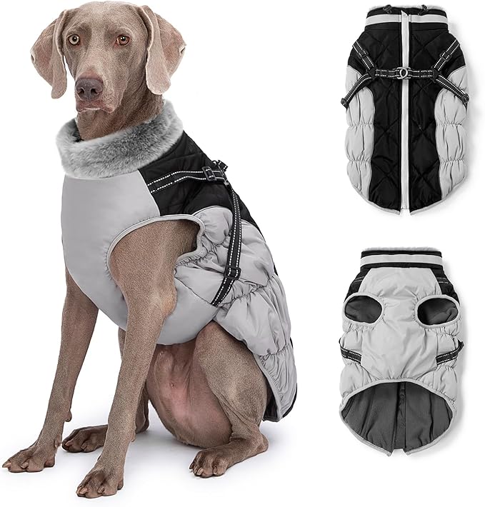 Dog Winter Coat with Harness, Dog Jacket, Pet Clothes with Zipper on Back, Waterproof Windproof Warm Vest, Reflective Cold Weather Coats, for Small Medium Large Dogs, Thick, Black, XL