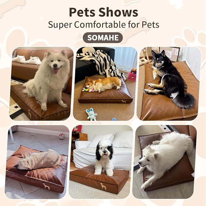 SOMAHE Dog Bed Medium Size Dog Orthopedic Beds for Small Dogs with Removable Washable PU Leather Cover Waterproof Brown 27.5×19.6×4inch