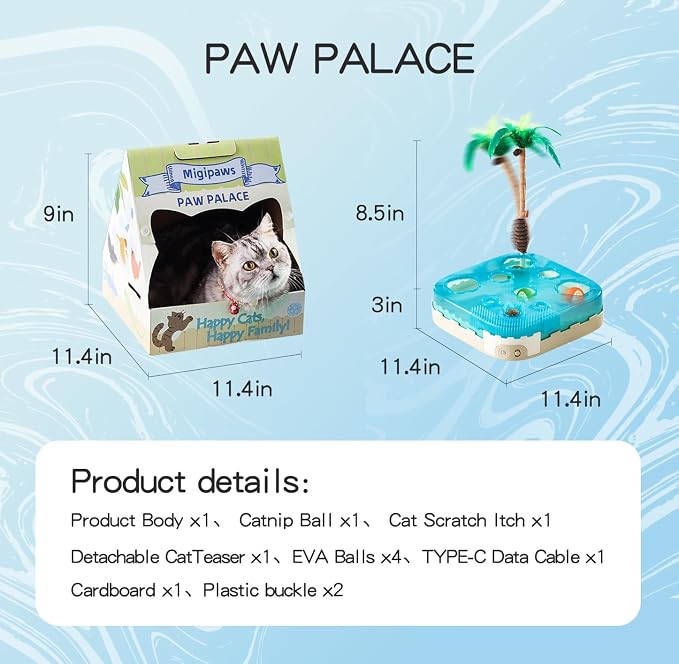 Migipaws Paw Palace Replacements,3 EVA Balls,1 Catnip Ball,2 Coconut Tree Teaser Pole Feather Accessories,Cat Ball Toys