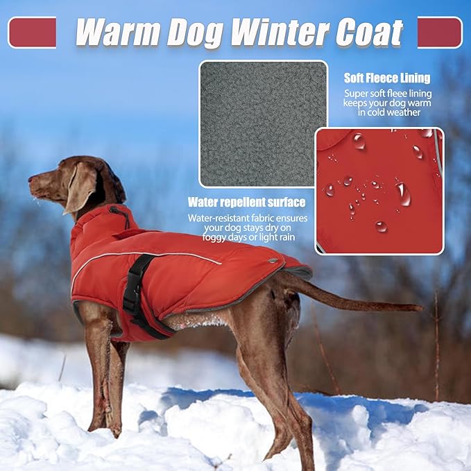 DENTRUN Winter Warm Dog Coat Reflective Jacket with Turtleneck for Cold Weather, Adjustable Buckle Windproof Water Repellent, Thick Snowsuit Fleece Vest for Small, Medium, Large Dogs, Red, XXXL
