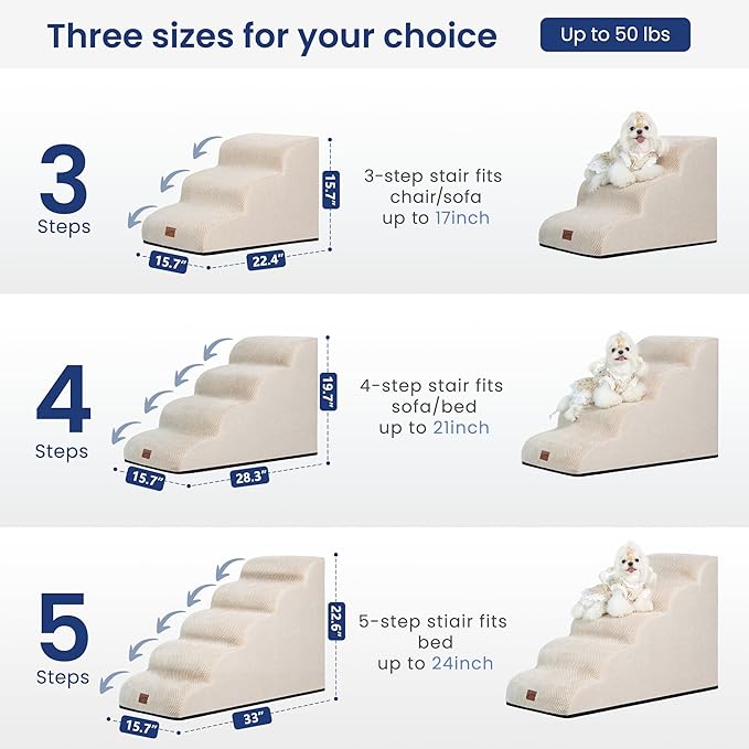 GoGoBunny Waterproof High Density Foam Curved Dog Stairs for High Beds Couches 19.7" H, 4-Step Ramp Dog Steps Friendly to Small Medium Dogs or Pets Joints, Non-Slip Balanced Durable Pet Step, Beige