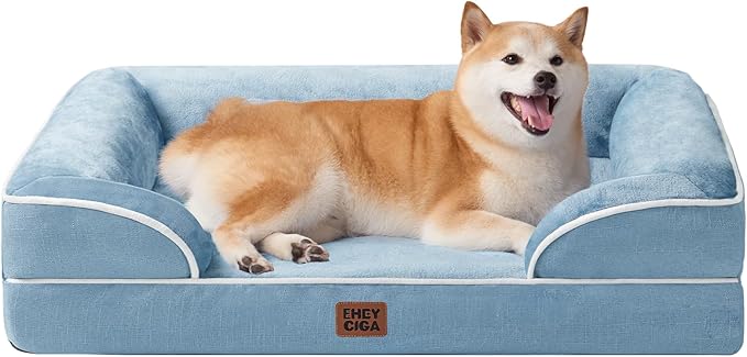 EHEYCIGA Orthopedic Dog Beds for Large Dogs, Waterproof Memory Foam Large Dog Bed with Sides, Non-Slip Bottom and Egg-Crate Foam Pet Couch Bed with Washable Removable Cover, Washed Blue