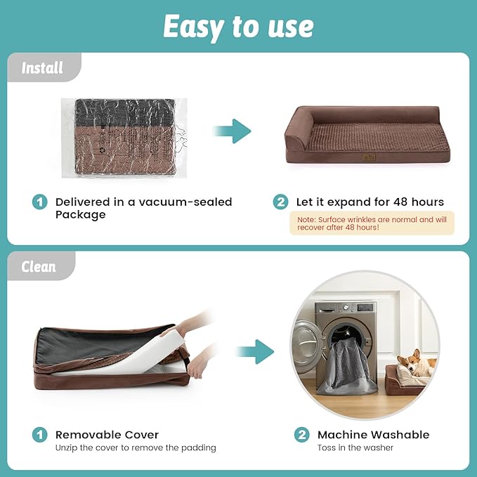 COZY KISS Orthopedic Dog Bed for Large Medium Size Dog, Dogs Crate Bed, L Shaped Foam Anti-Slip Bottom Pet Cat Sofa with Washable Removable Cover, Suitable for Pet Up to 75 lbs, 36x27x7.5 inch, Brown