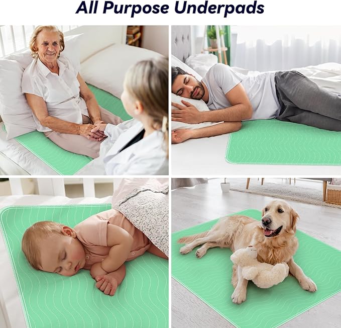 4 Pack 36” x 36” Extra Heavy Absorbency Washable Underpads, Waterproof Quick Drying Nursing Incontinence Reusable Washable Bed Pee Pads for Dogs, Diaper Changing & Adults, Green