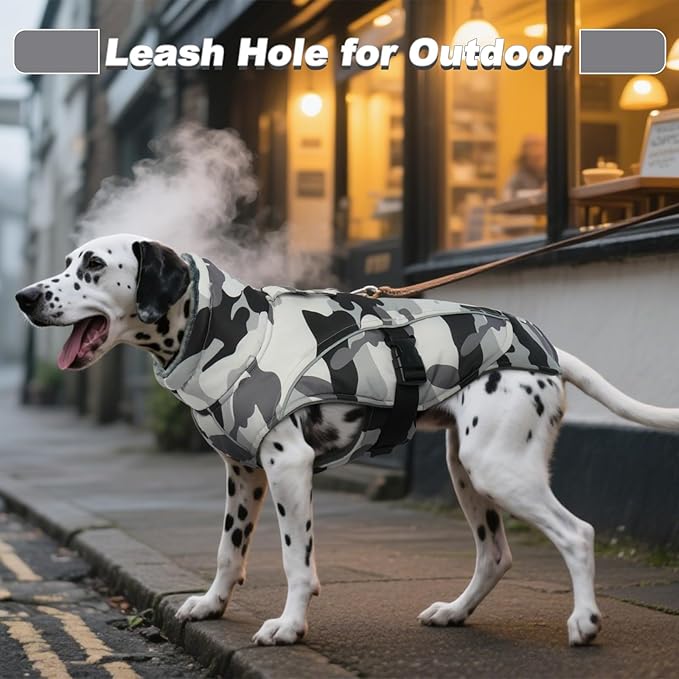 DENTRUN Large Dog Winter Coat - Windproof Reflective Warm Coat, Adjustable Neck & Snap Closure, Water Repellent Thick Fleece Vest, Fleece Lined for for Golden Retriever, White Camo, XL