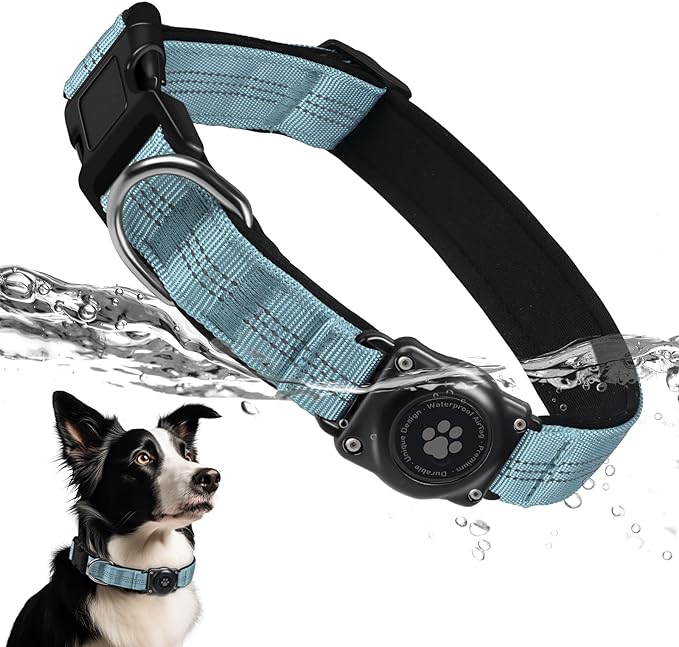 Upgrade Dog Collar with AirTag Holder, IP68 Waterproof, Light Blue, S | Built-in Water Resistant AirTag holder, 1000D Nylon, Reflective Stitching for Night Visibility, Soft padding for Comfort