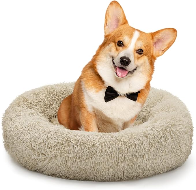 Athena Collection Washable Dog Bed Medium Size Dog, Cat Bed for Indoor Cats, 31 Inches Fluffy Faux Fur Round Pet Bed Calming Cozy Soft Warming Donut for Medium Puppy Kitten, Beige