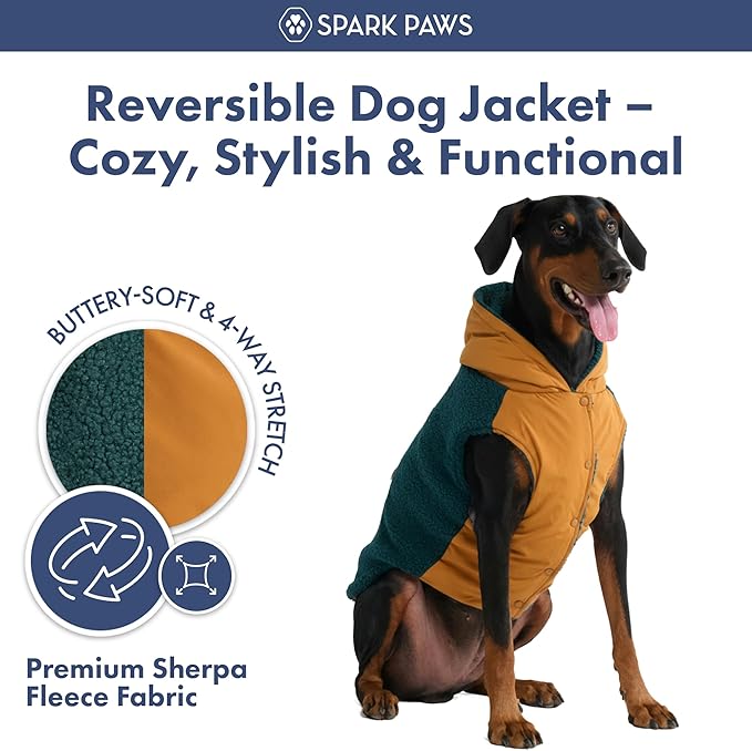 Spark Paws Reversible Fleece Dog Jacket, Hooded Sweater Vest, Warm Coat for Winter - Suitable for Small Medium Large XL XXL Dogs - Orange and Green - L