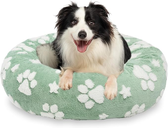 Yaning Donut Dog Beds for Medium Dogs, Calming Round Cat Beds for Indoor Cats, Cute 3D Textured Paw Pet Bed with Removable Washable Cover and Anti-Slip Bottom（Green，30"）
