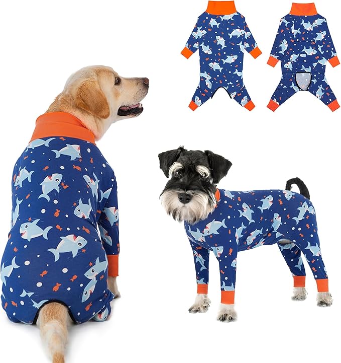 Dog Recovery Suit After Surgery Female Male, Medium Large Dog Neuter Shirt Cone Alternatives Prevent Licking Surgical Onesies (Blue Shark, XL)
