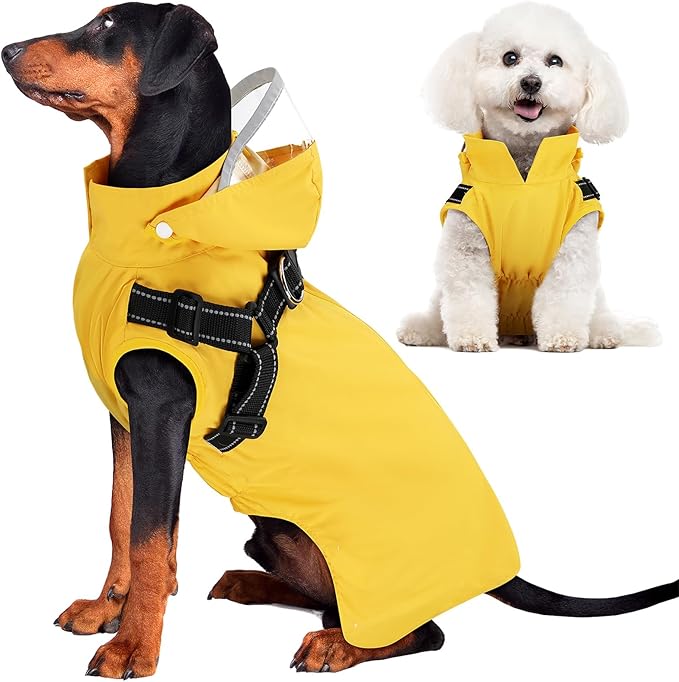SlowTon Dog Raincoat Waterproof - Dog Rain Jacket with Harness and Hood Lightweight, Reflective Dogs Rain Coat for Large Medium Small Dogs Girl Boy Puppy Poncho Pet Clothes (Yellow, XL)