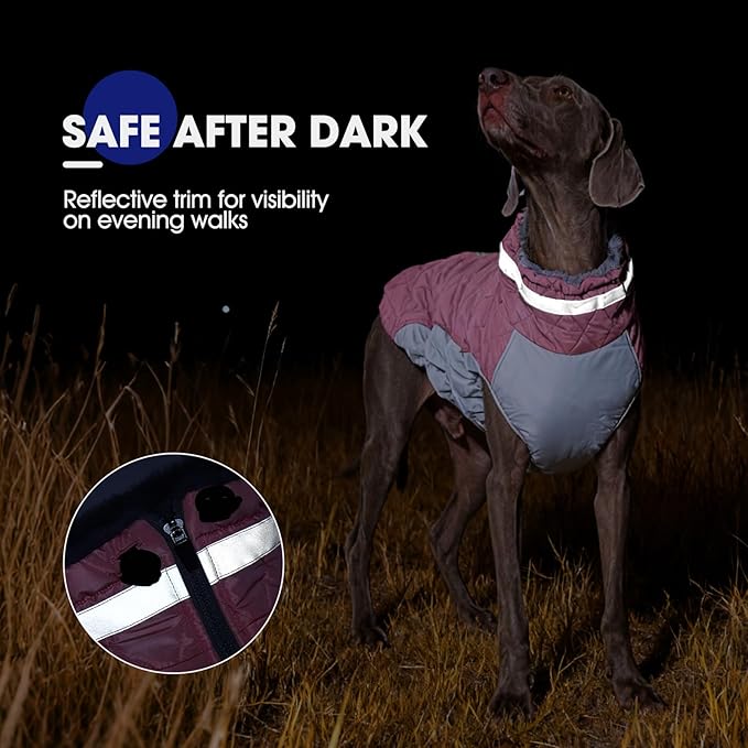 FUAMEY Dog Coat for Large Dogs,Waterproof Dog Winter Jacket with Harness Built in Puppy Cold Weather Coats Reflective Pet Vest with Zipper Warm Fleece Dogs Snowsuit Windproof Pink L