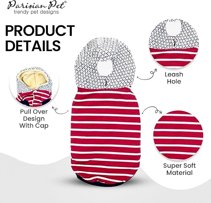 Parisian Pet Basic Dog Hoodie - Lightweight Red Striped Pom Pom Hoodie - Dog Sweatshirt - Pullover Hoodies for Dogs with Leash Hole and Pockets - Clothes for Small Dogs - S