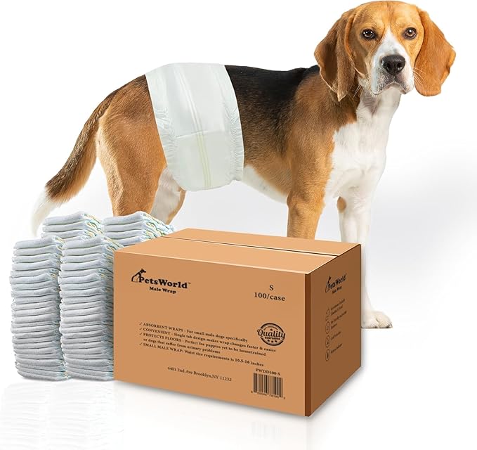 PetsWorld Dog Diapers Male - Disposable - Super Absorbent, Fur-Friendly Belly Bands w/Wetness Indicator -Adjustable Dog Wraps for Incontinence & Training (Small, 200 Count)