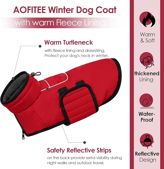 AOFITEE Small Dog Winter Coat, Waterproof Puffer Jacket with Harness Hole & Fleece Collar, Reflective Warm Snowsuit for Chihuahua, Yorkshire, Dachshund, S