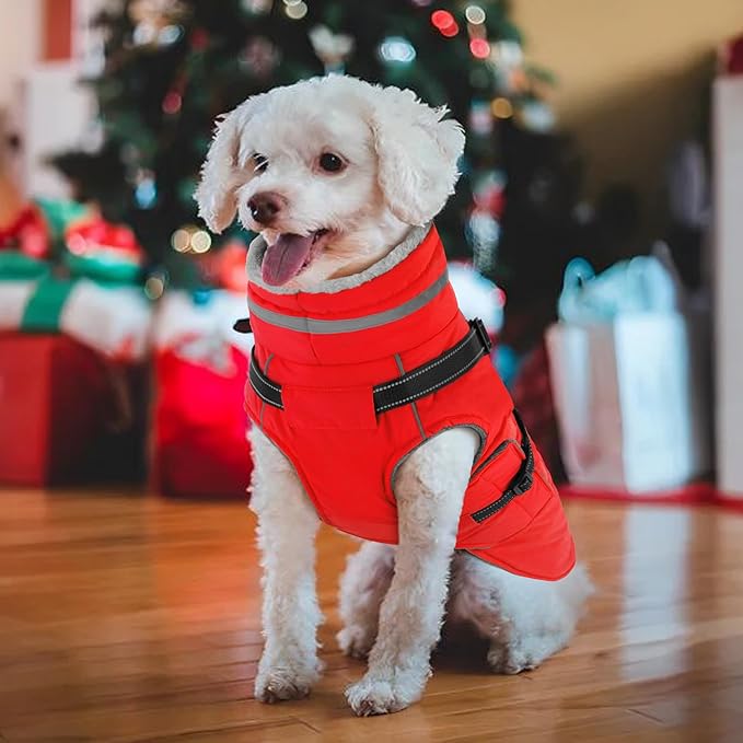 PETDSH Dog Coat Large, Built-in Harness Dog Jacket with Warm Fleece Lining, Waterproof Reflective Dogs Winter Coat, Pet Coats with Pocket and Trash Bags (Red, XXX-Large)