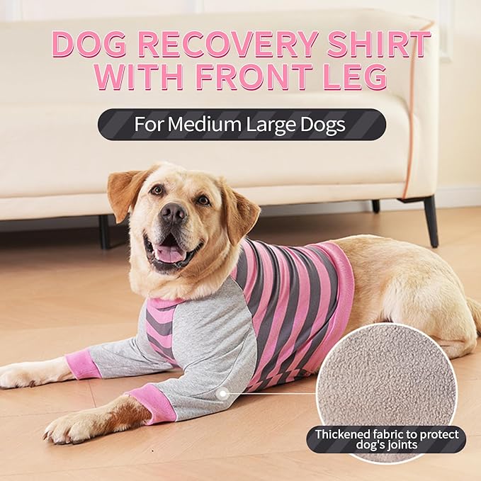 FUAMEY Dog Recovery Sleeve with Elbow Protector,Dogs Shirt Stop Licking Joints,Pet Long Sleeve Suit Protecting Dog's Front Leg Arm Wounds Cover Skin Conditions Pink Stripes L